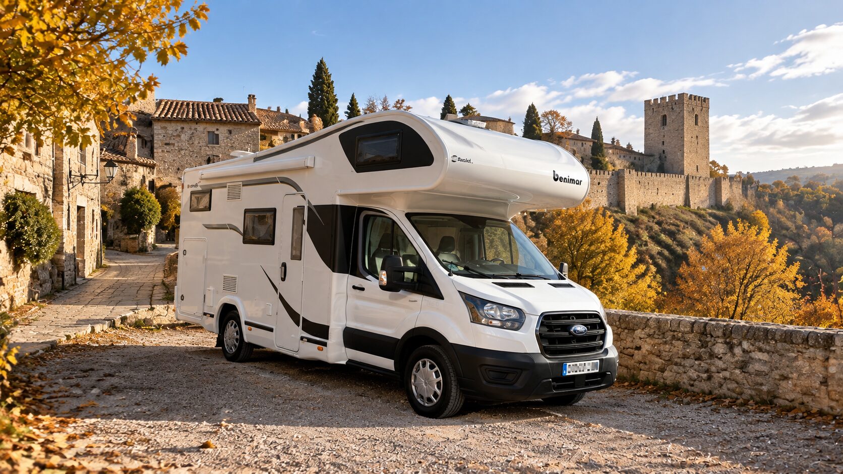 Imagen ilustrativa: autocaravana Benimar junto a un pueblo medieval castellano