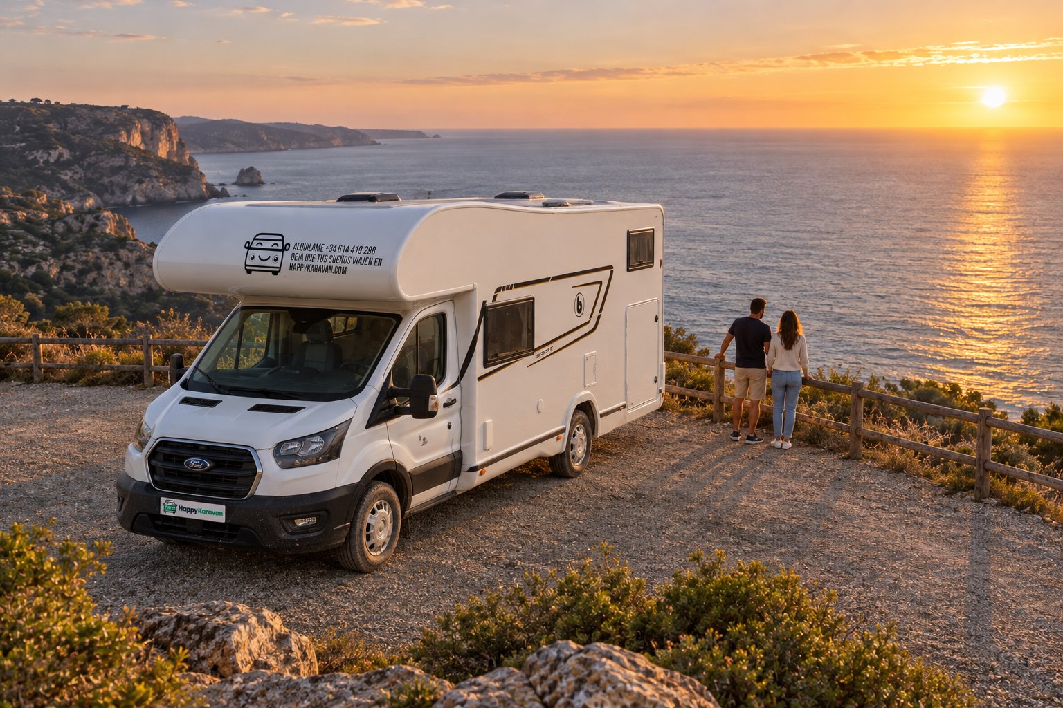 Autocaravana de HappyKaravan en un mirador sobre el mar al atardecer